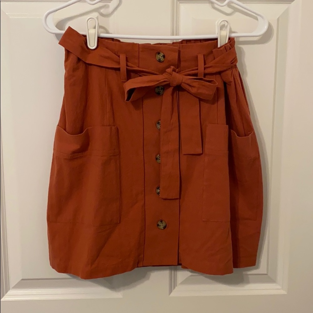 orange, button down skirt